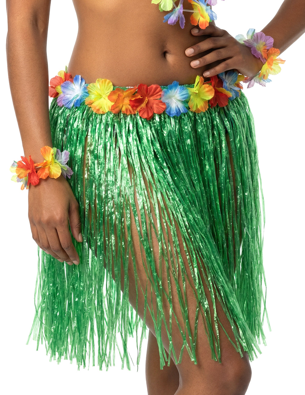 Détail de la ceinture fleurie et des franges de la jupe hawaïenne courte pour adulte
