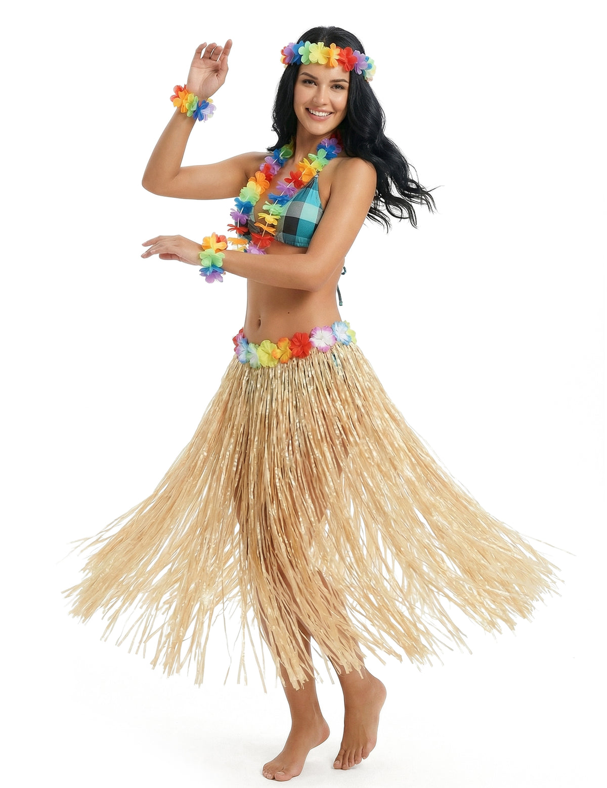 Jupe hawaïenne longue pour adulte naturelle avec ceinture de fleurs multicolores