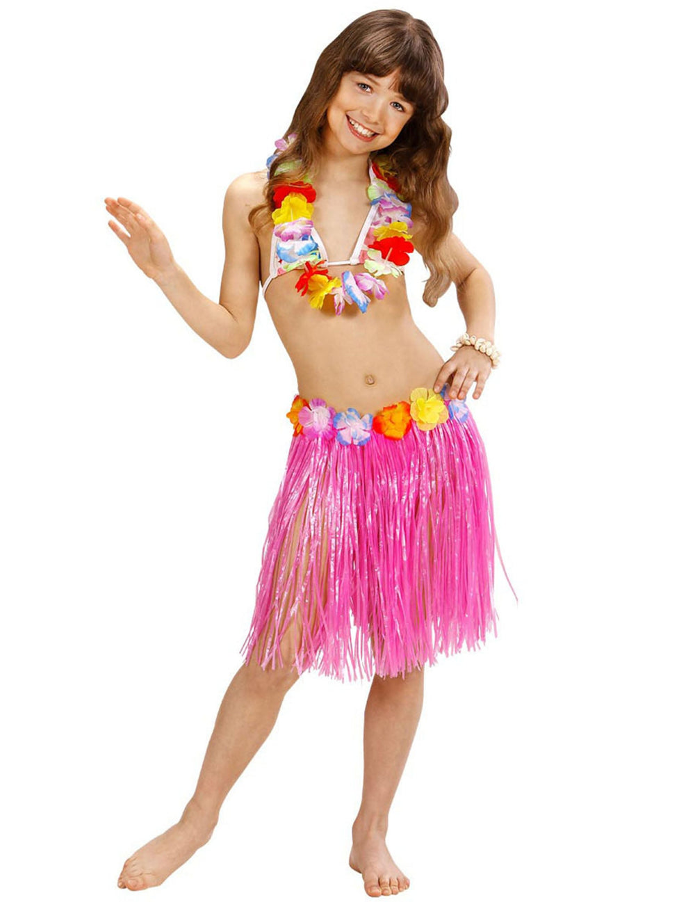 Vue d'ensemble de la jupe hawaïenne pour enfant rose avec ceinture à fleurs multicolores