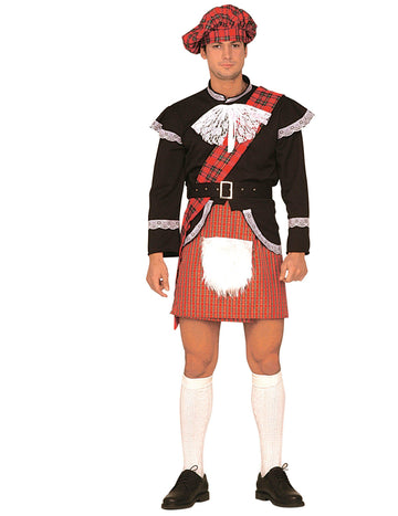 Kilt écossais humoristique pour adulte rouge et noir avec chapeau et jabot
