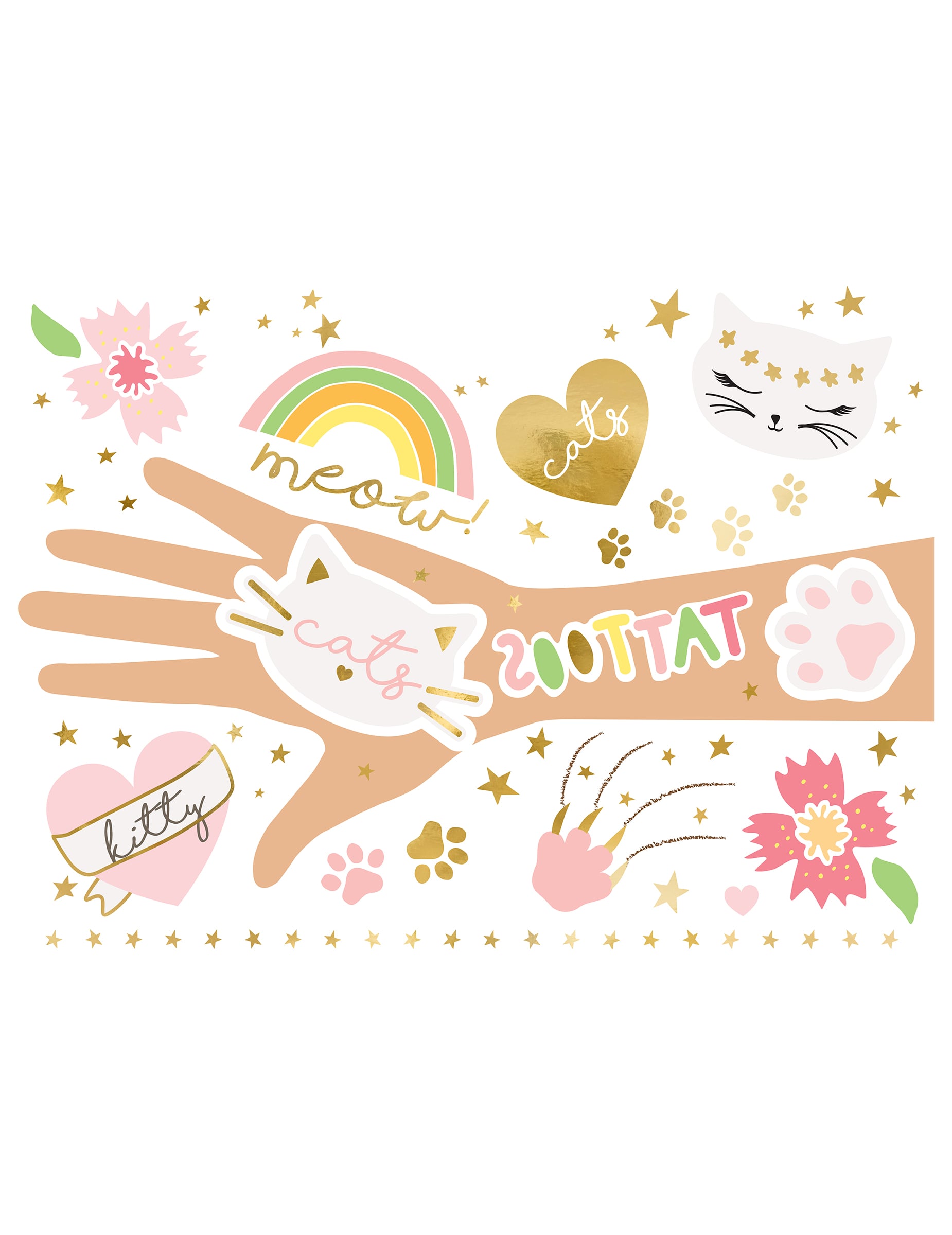 Kit 12 tatouages chatons éphémères pour enfant colorés et dorés