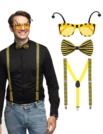 Kit accessoires abeille pour adulte jaune et noir avec lunettes noeud papillon et bretelles