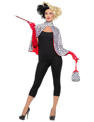 Kit accessoires dame diabolique pour femme à motif dalmatien noir et blanc avec gants rouges