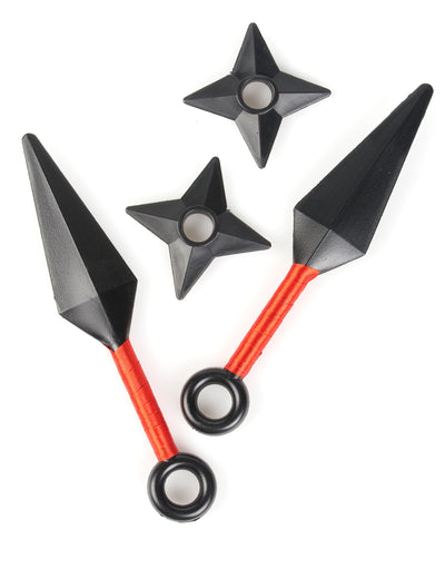 Kit accessoires de ninja pour déguisement noir et rouge avec kunais et shurikens