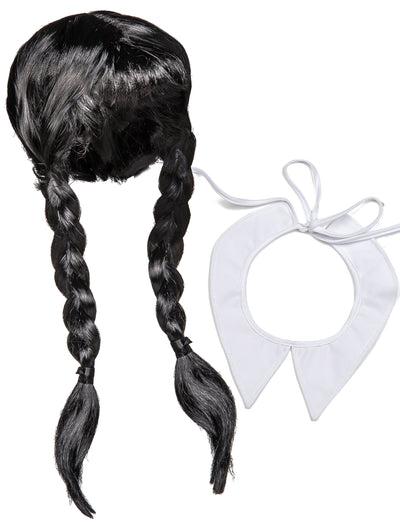 Kit accessoires écolière gothique pour femme avec perruque noire à tresses et col blanc