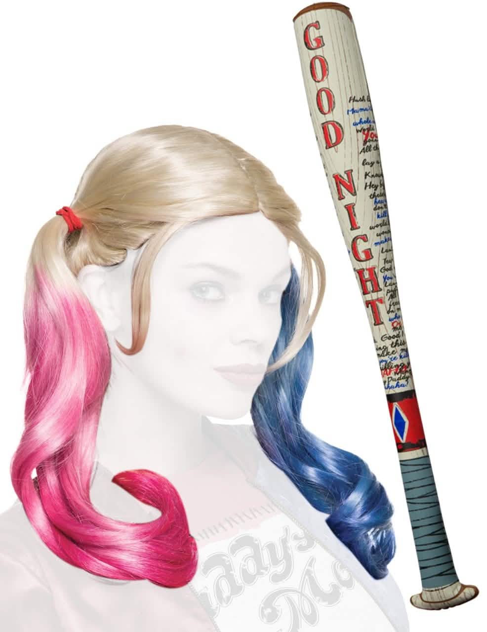 Harley Quinn kiegészítők szett nő számára, szőke, két copfos, rózsaszín és kék hajjal, baseballütővel