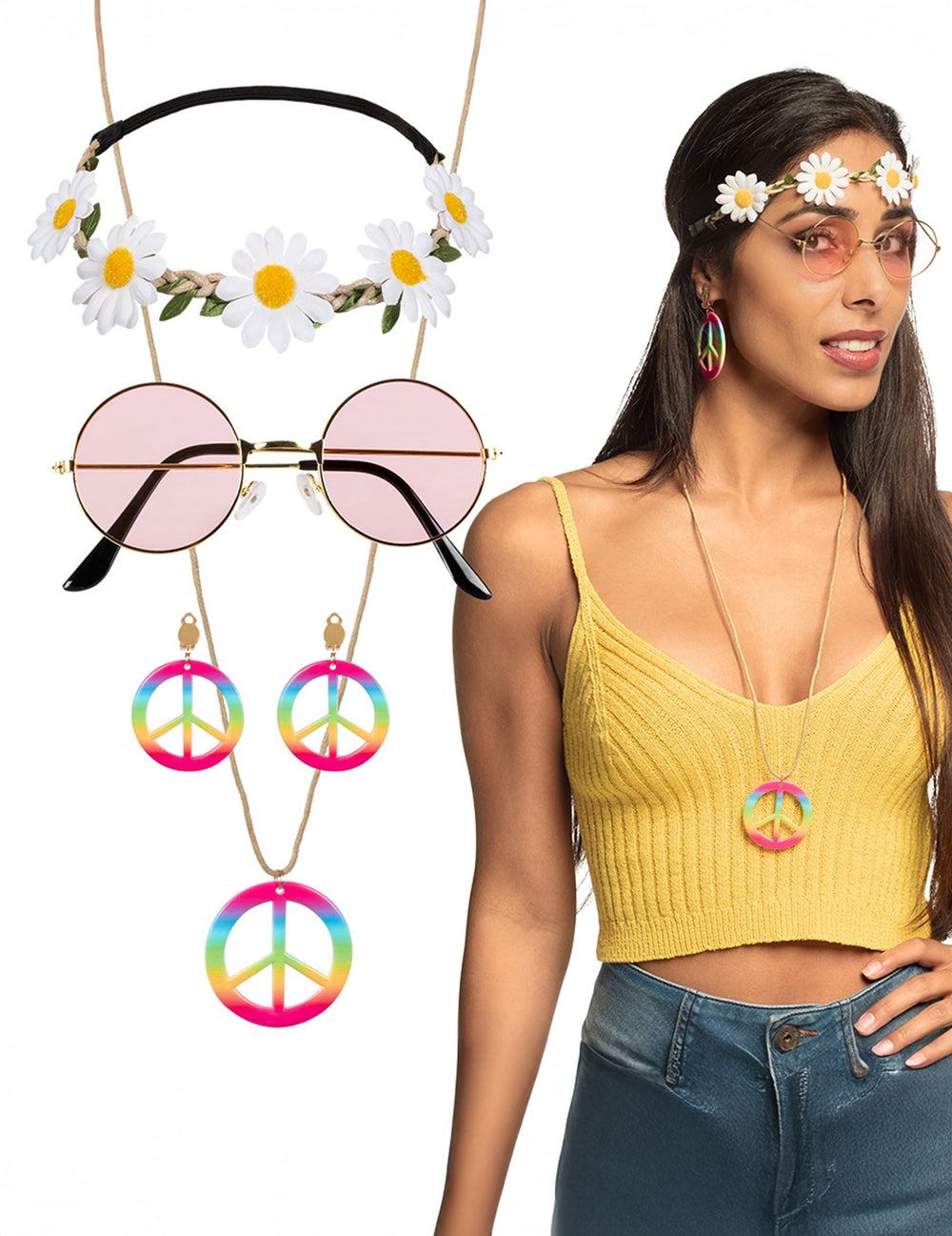 Kit accessoires hippie deluxe pour adulte multicolore avec lunettes roses et fleurs