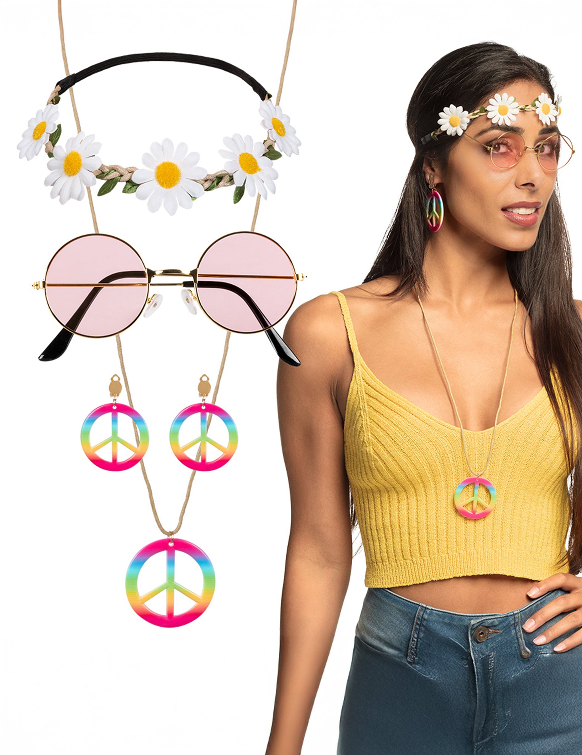 Kit accessoires hippie deluxe pour adulte multicolore avec lunettes roses et fleurs
