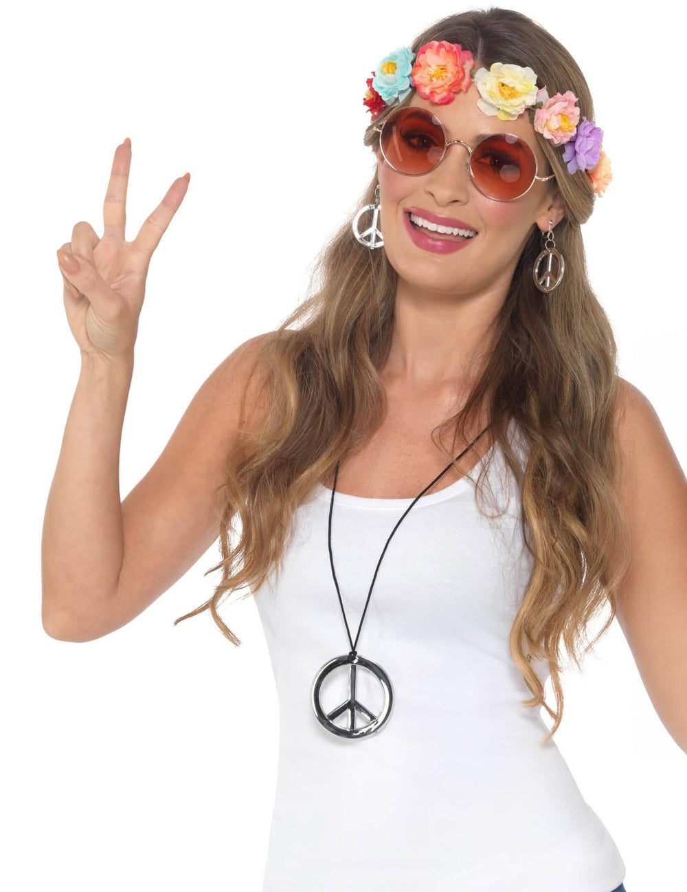 Hippi kiegészítőkészlet nő számára virágkoszorúval és ezüst peace and love ékszerekkel