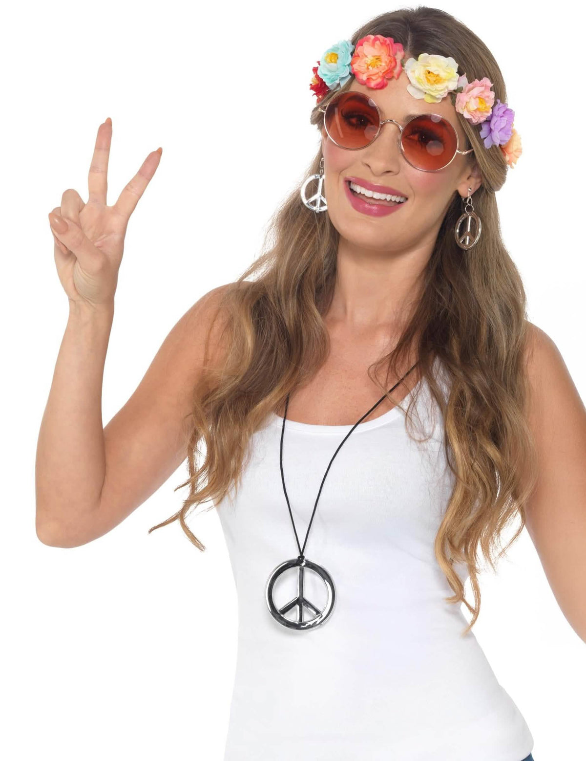 Hippi kiegészítőkészlet nő számára virágkoszorúval és ezüst peace and love ékszerekkel