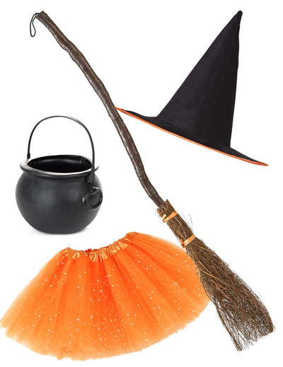 Kit accessoires sorcière pour fille orange et noir avec tutu, balai, chapeau et chaudron
