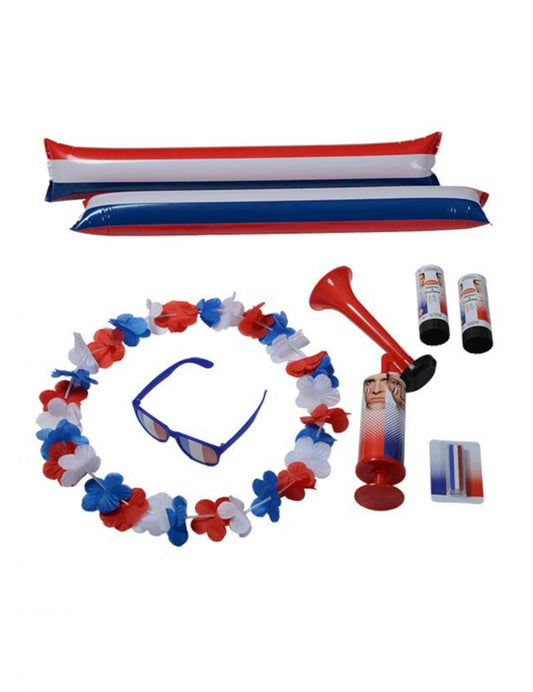 Kit accessoires supporter France pour adulte bleu blanc rouge avec collier fleurs et lunettes