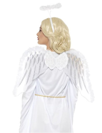 Fehér angyalkészlet szárnyakkal és felnőtt halo