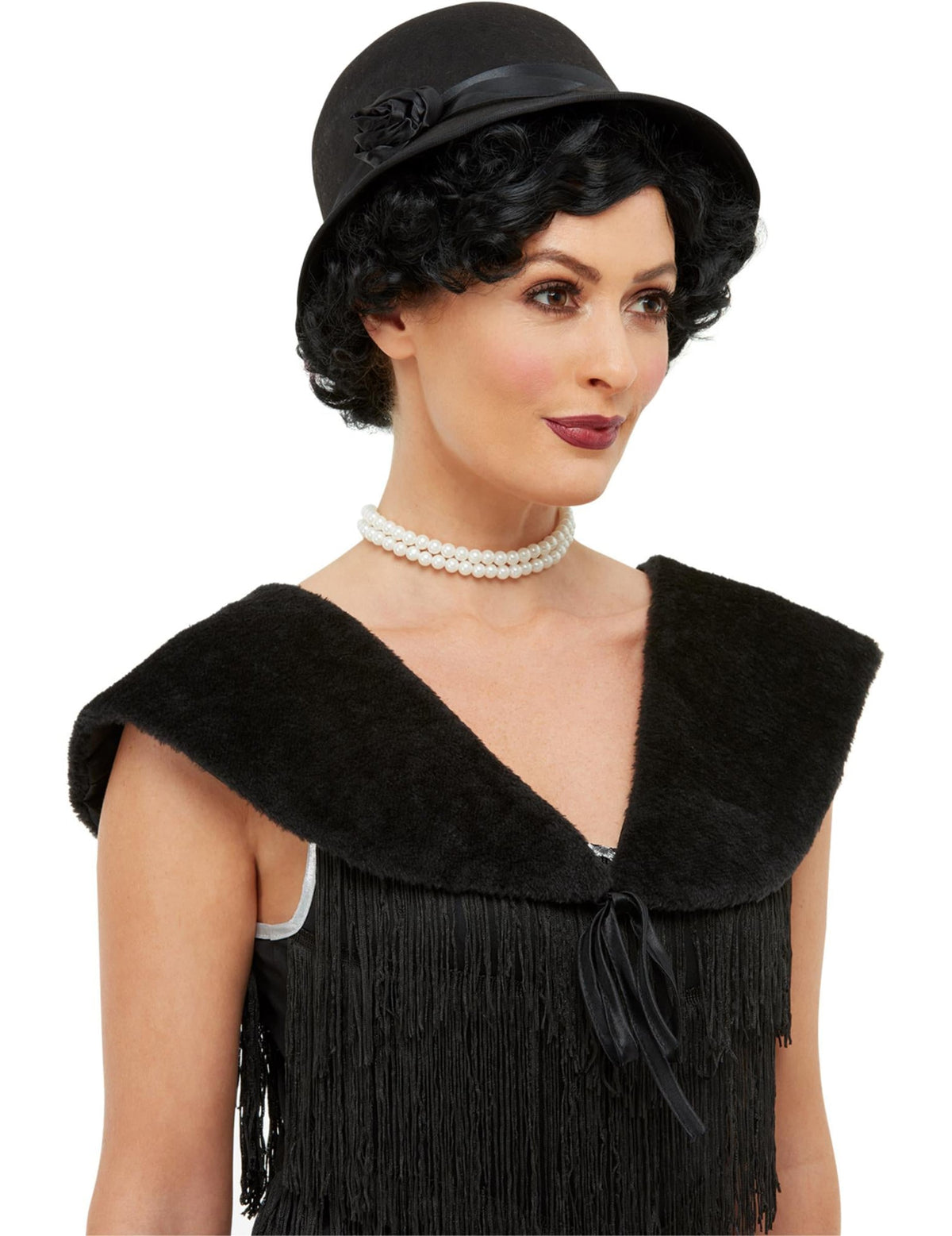 Kit années 20 pour femme noir avec chapeau cloche et étole en fausse fourrure