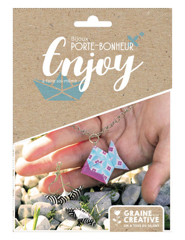 Kit bijoux porte-bonheur parure origami en papier pour enfant motifs graphiques bleu et rose