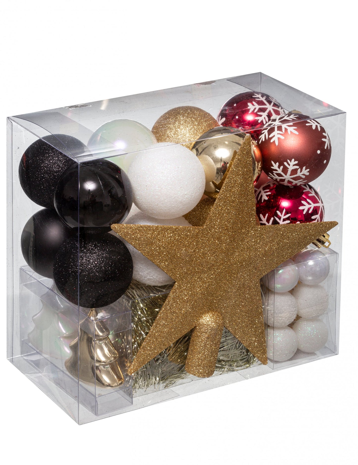 44 darabos fekete, fehér, piros és arany karácsonyfadísz készlet gömbdíszekkel és fa tetejével