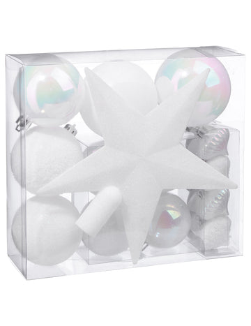 18 darabos fehér karácsonyfadísz készlet gömbdíszekkel és fa tetejével