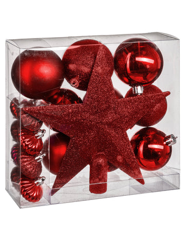 18 darabos piros karácsonyfadísz készlet, fényes és matt