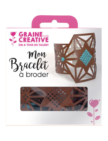 Kit bracelet à broder motif étoile cuir marron avec coton turquoise