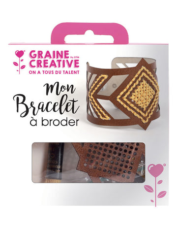 Kit bracelet à broder manchette motif losange pour adulte cuir marron