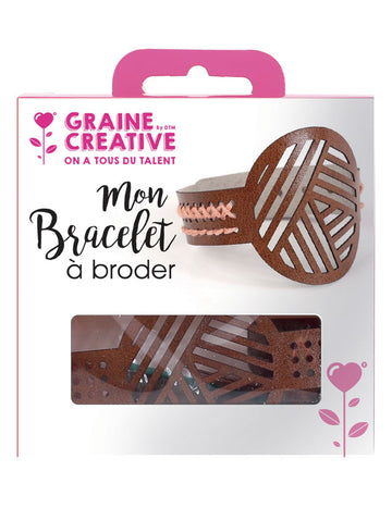 Kit bracelet à broder motifs géométriques pour enfant en cuir marron avec coton rose