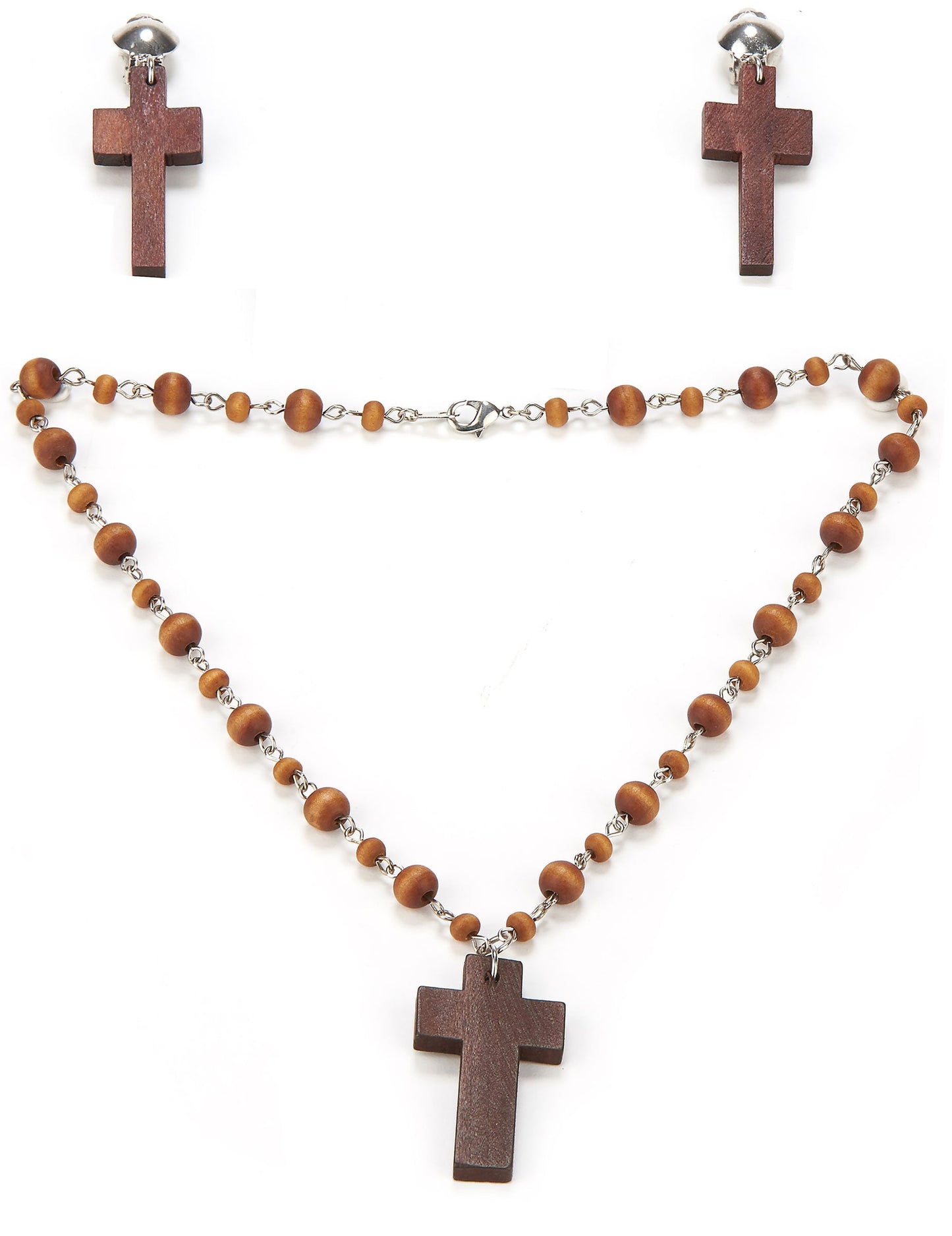 Kit collier et boucles d'oreilles religieuse pour femme en bois marron
