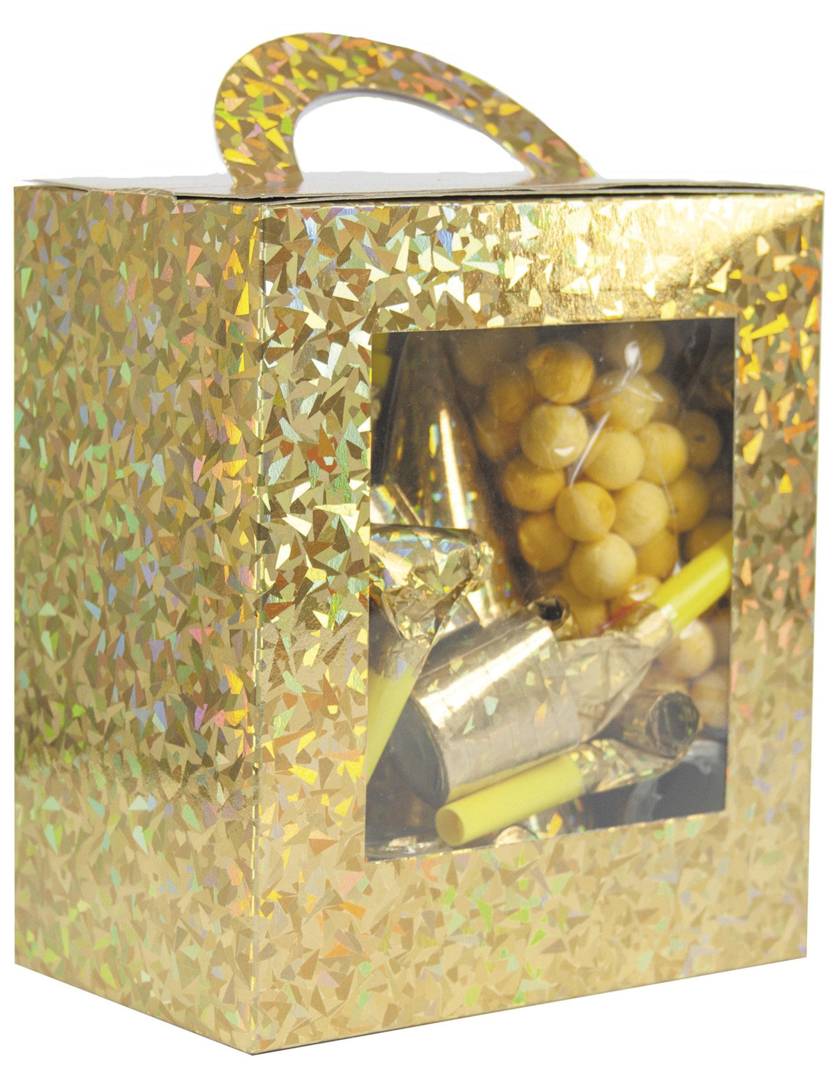 Détail du packaging holographique du kit cotillons dorés pour 10 personnes