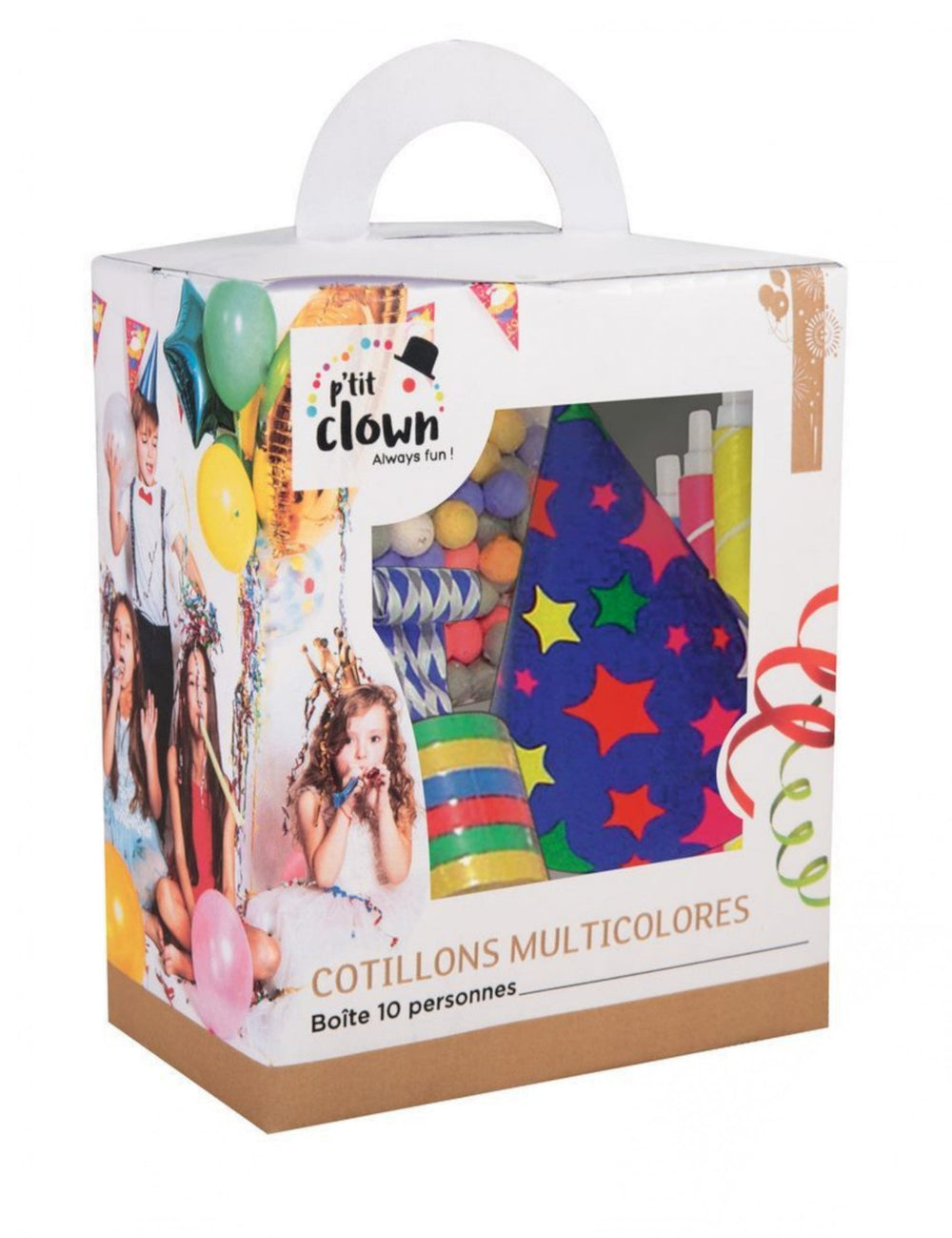 Boîte d'emballage du kit cotillons multicolores pour 10 personnes