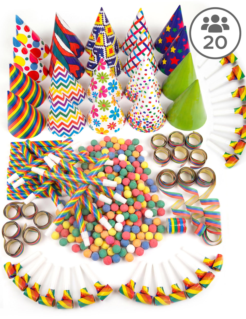 Kit cotillons multicolores pour 20 personnes avec chapeaux, sans-gênes et serpentins