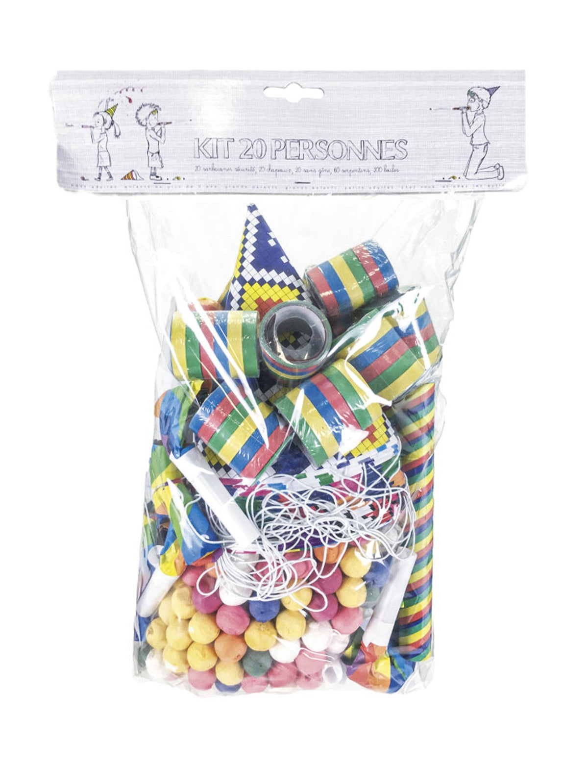 Vue de l'emballage du Kit cotillons multicolores pour 20 personnes