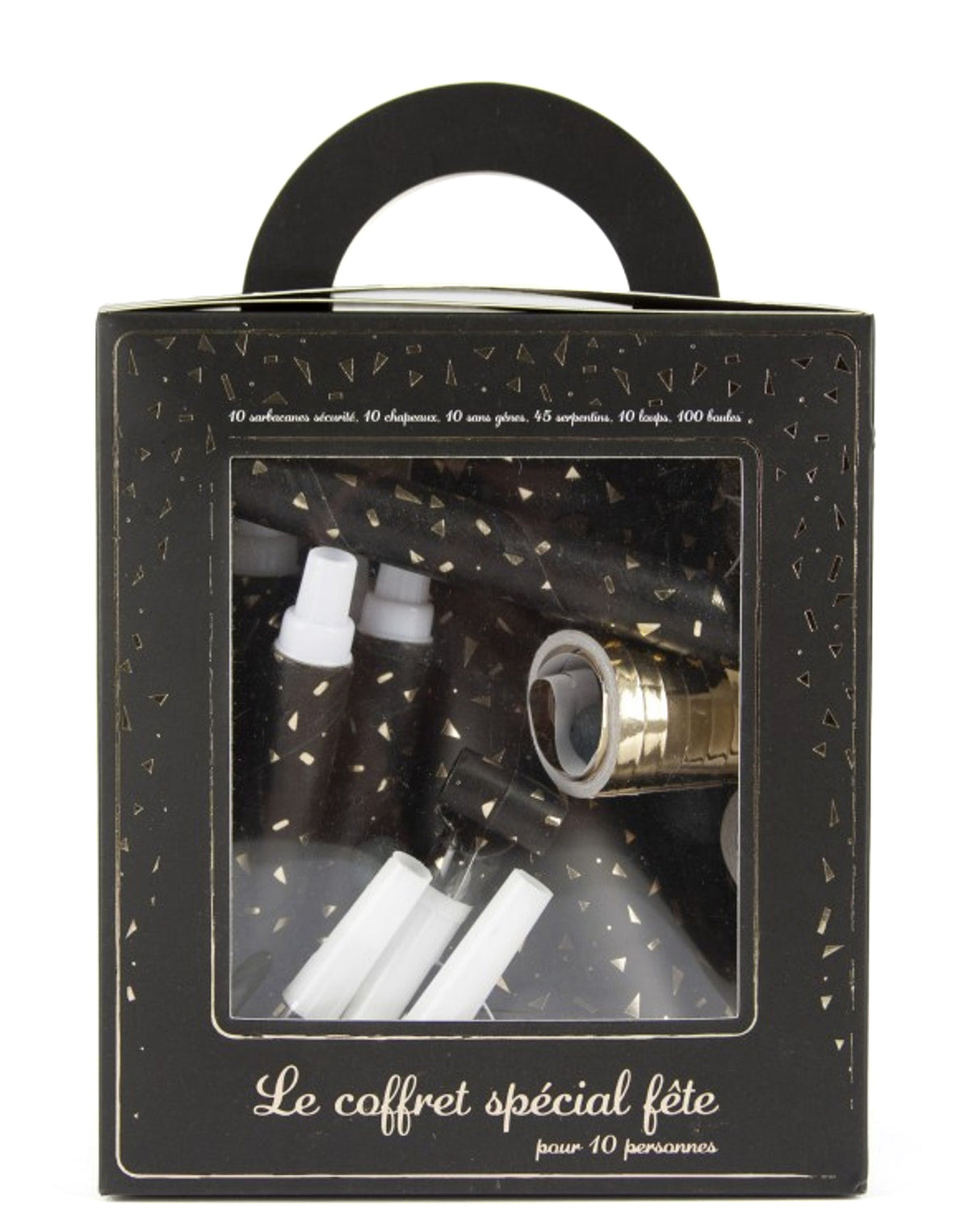 Vue de face du coffret du kit cotillons party pour 10 personnes noir et or