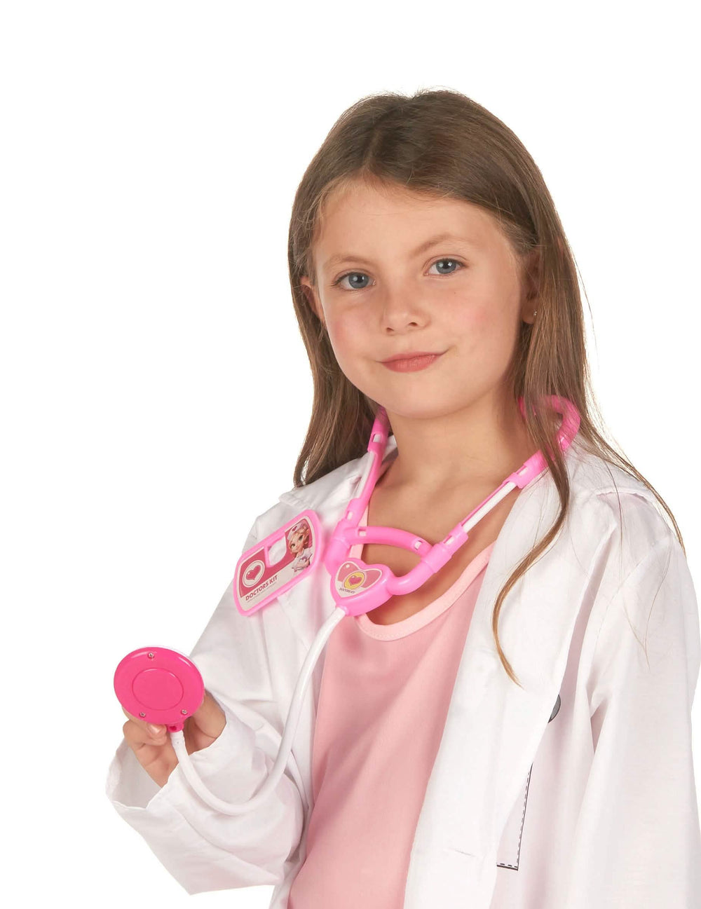 Közelkép a gyermek doktori készlet rózsaszín sztetoszkópjáról