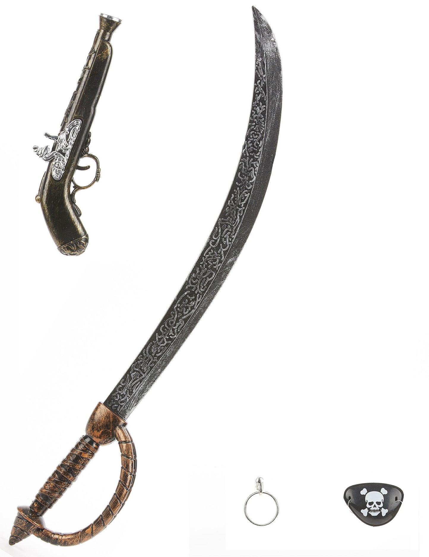 Kit de pirate en plastique pour enfant et adulte noir et bronze avec sabre et pistolet
