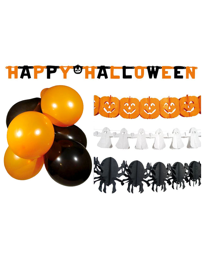 Kit décorations Halloween pour la fête orange, noir et blanc avec ballons et guirlandes