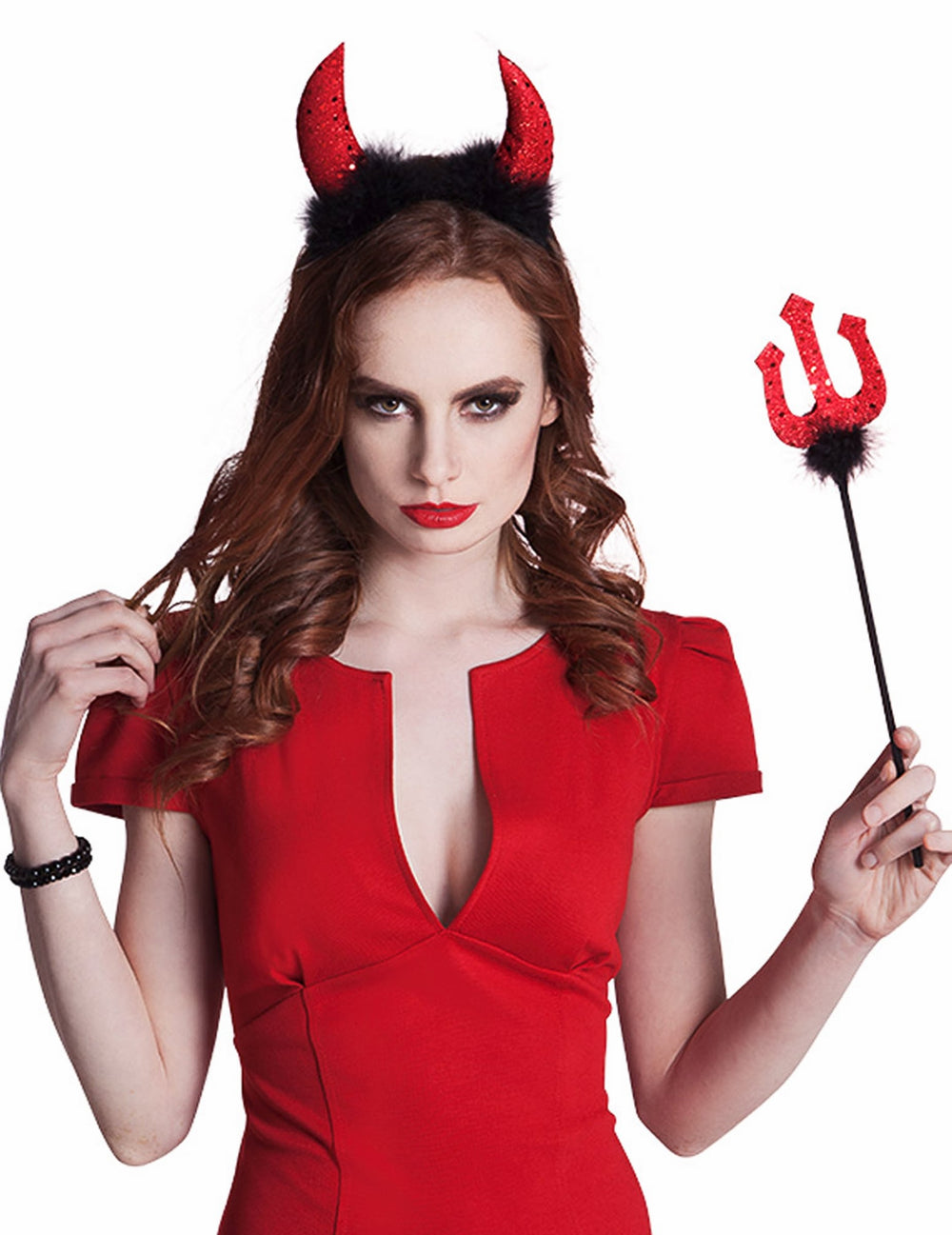 Kit diablesse Halloween pour femme rouge à paillettes avec cornes et trident