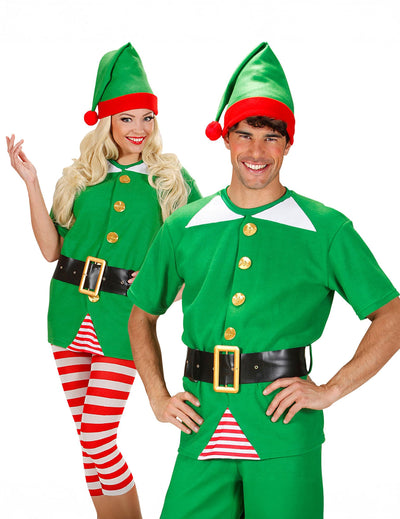 Kit déguisement elfe pour adulte Noël vert et rouge avec bonnets et ceintures