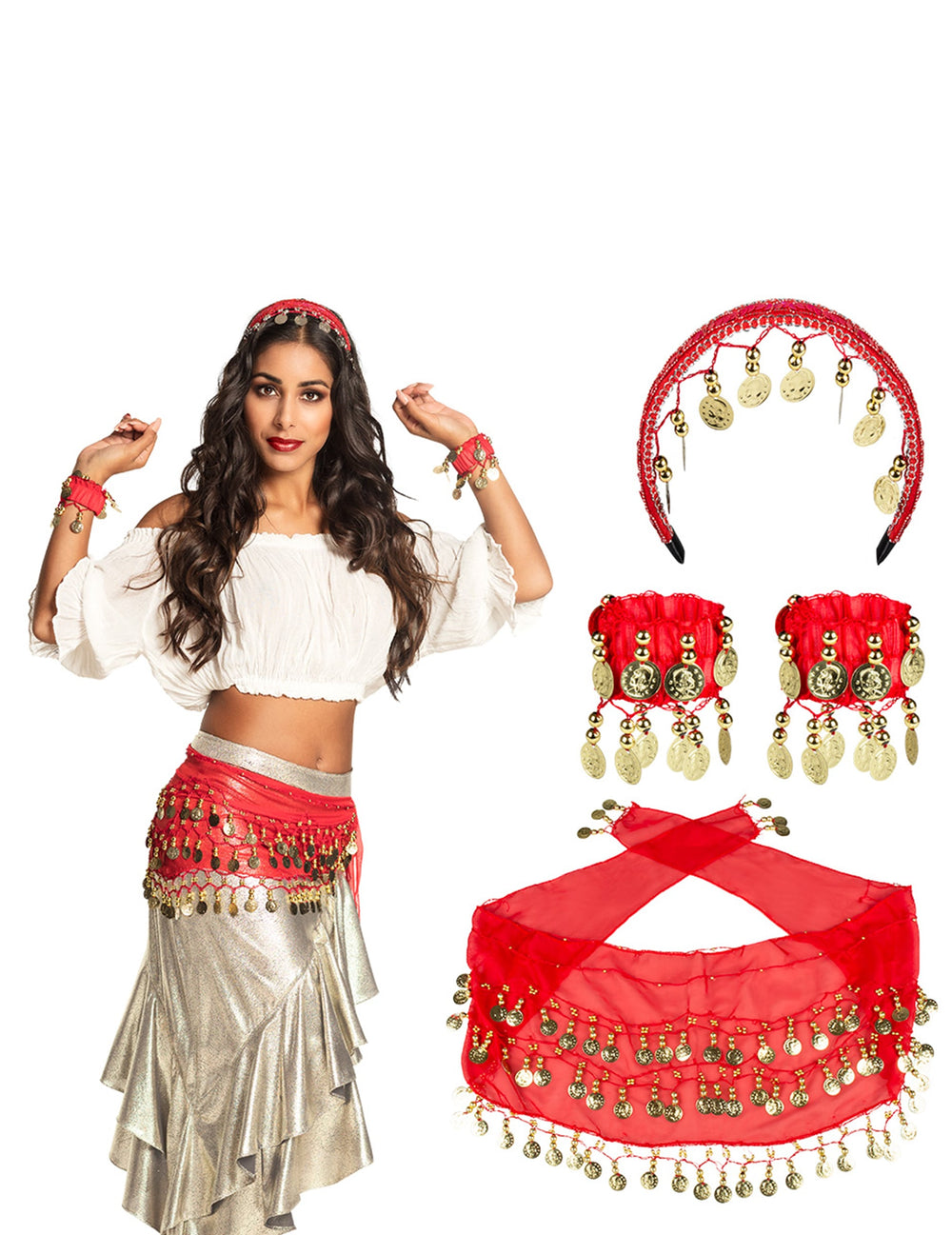 Vue d'ensemble des accessoires du kit accessoires danseuse orientale pour femme