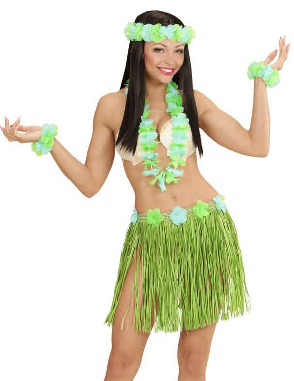 Hawaii készlet felnőtt kék és zöld szoknyával és virágdísszel