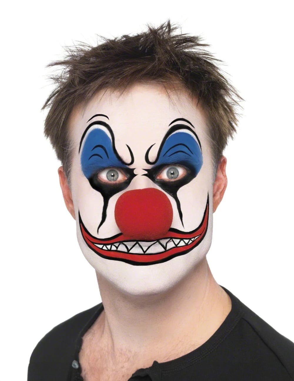 Exemple de maquillage de clown bleu et rouge du kit maquillage clown pour adulte
