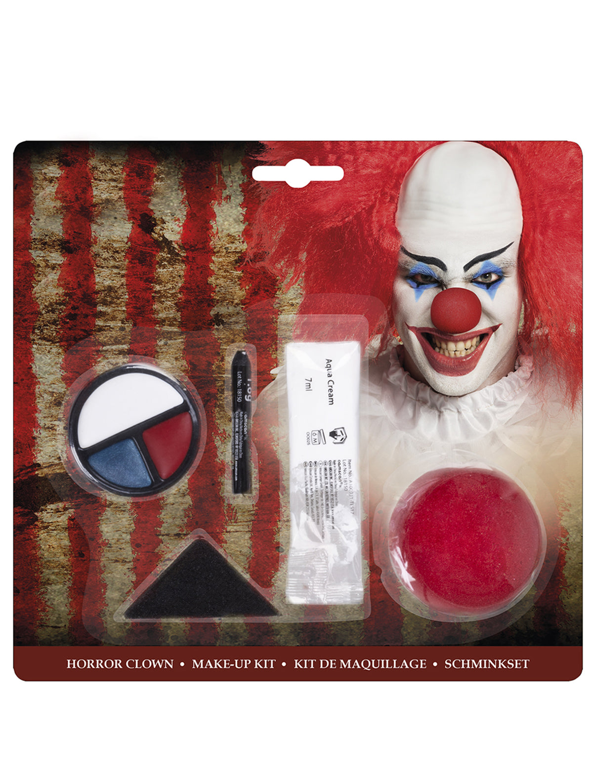 Kit maquillage clown effrayant pour adulte blanc rouge et bleu avec nez rouge