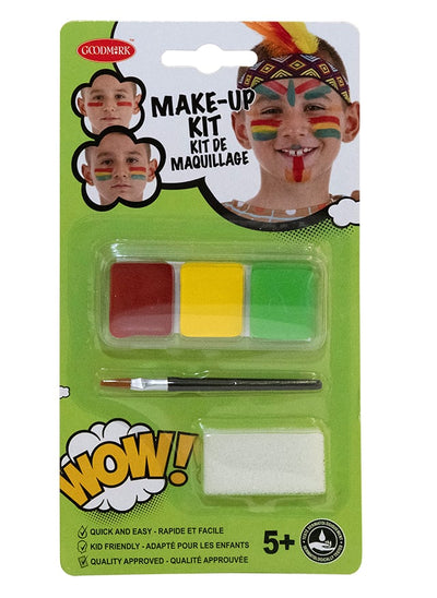 Kit maquillage indien pour enfant rouge jaune vert avec pinceau et éponge