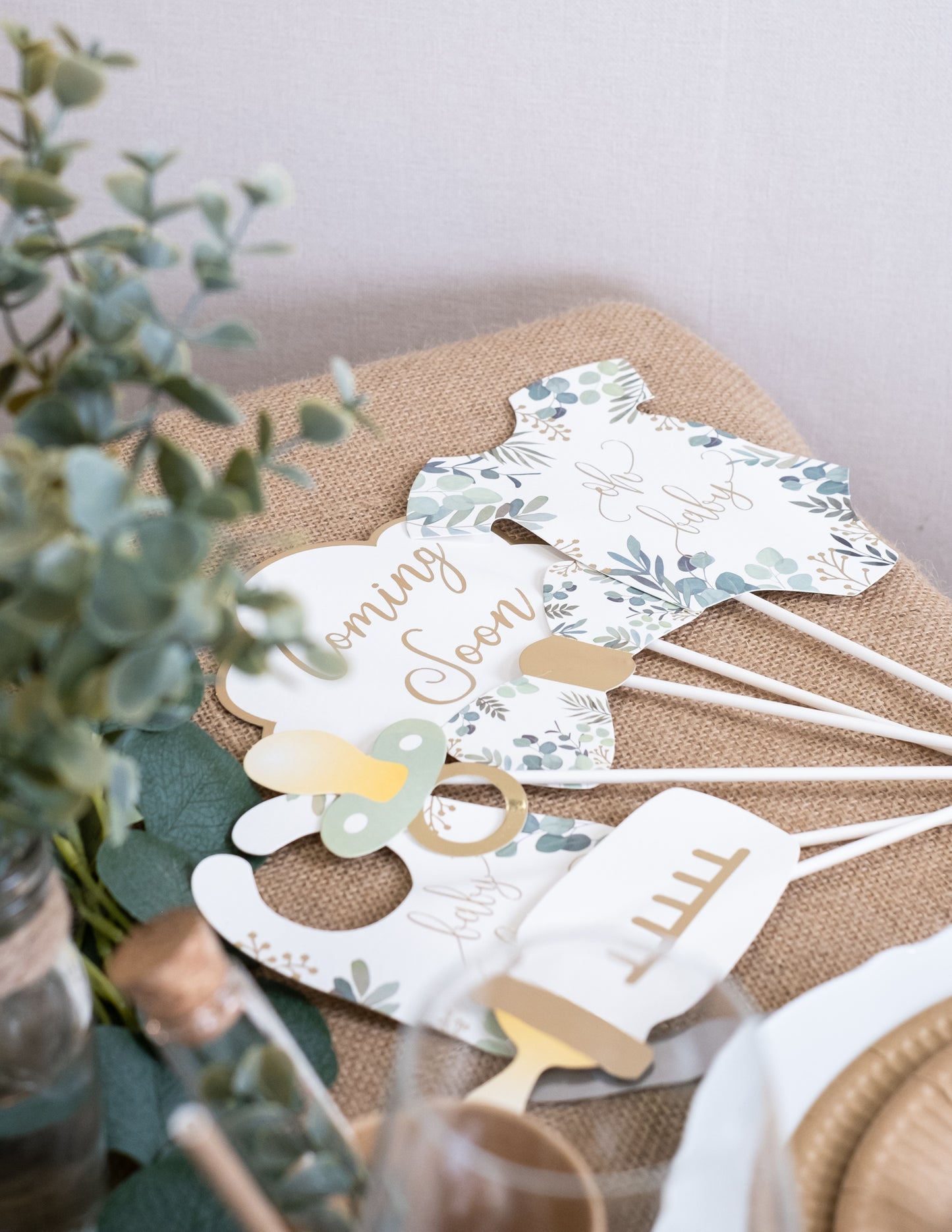 11 darabos fotófülke készlet "Oh Baby" eukaliptusz és arany kiegészítőkkel babaváró bulira