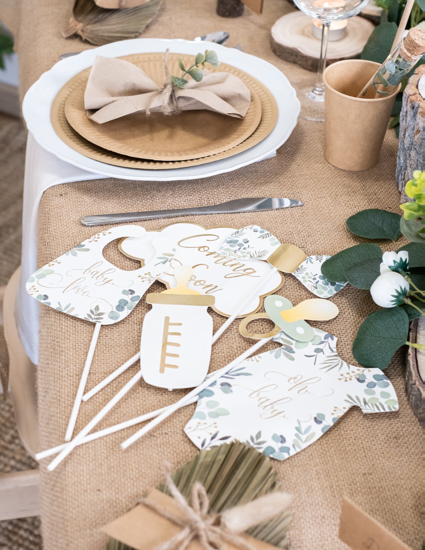 11 darabos fotófülke készlet "Oh Baby" eukaliptusz és arany kiegészítőkkel babaváró bulira