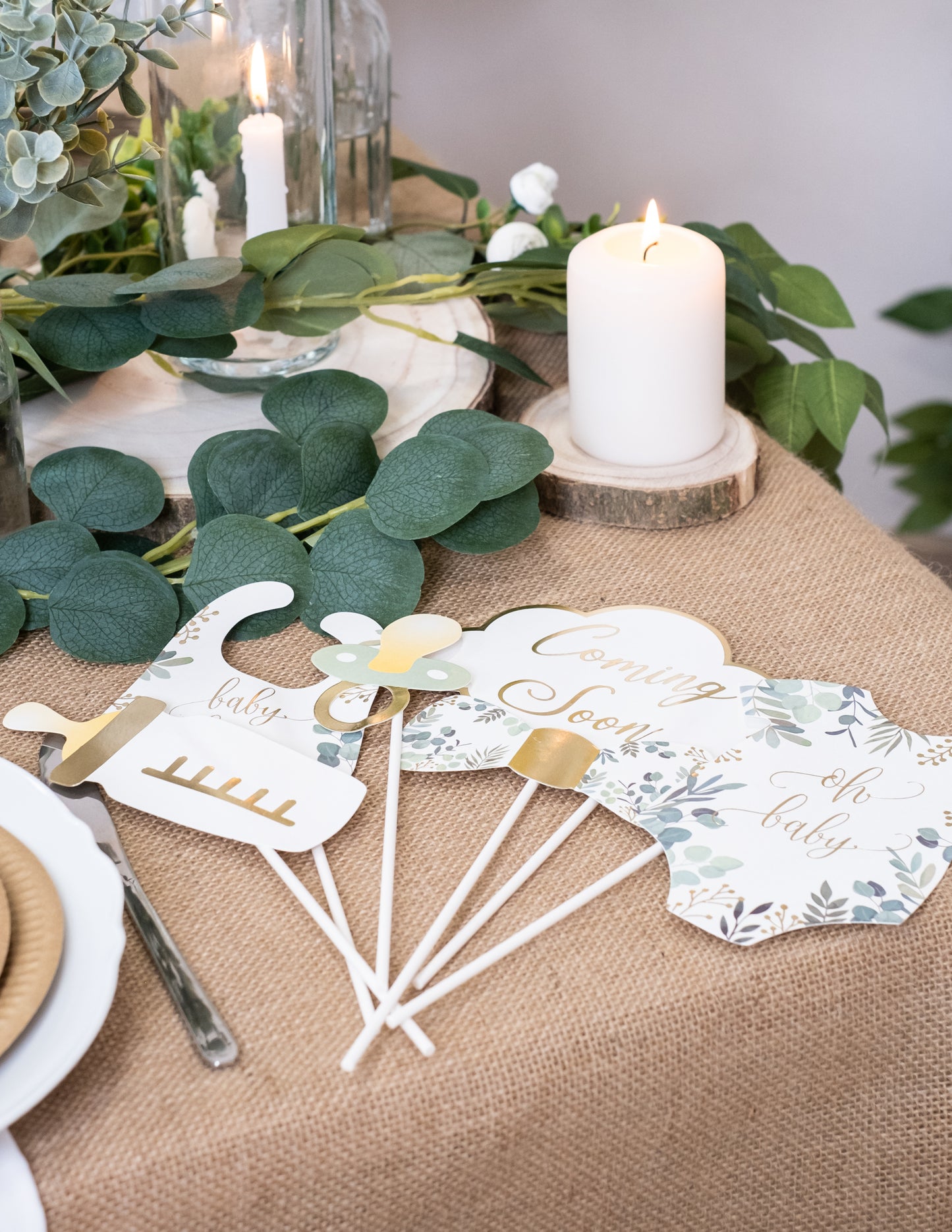 11 darabos fotófülke készlet "Oh Baby" eukaliptusz és arany kiegészítőkkel babaváró bulira