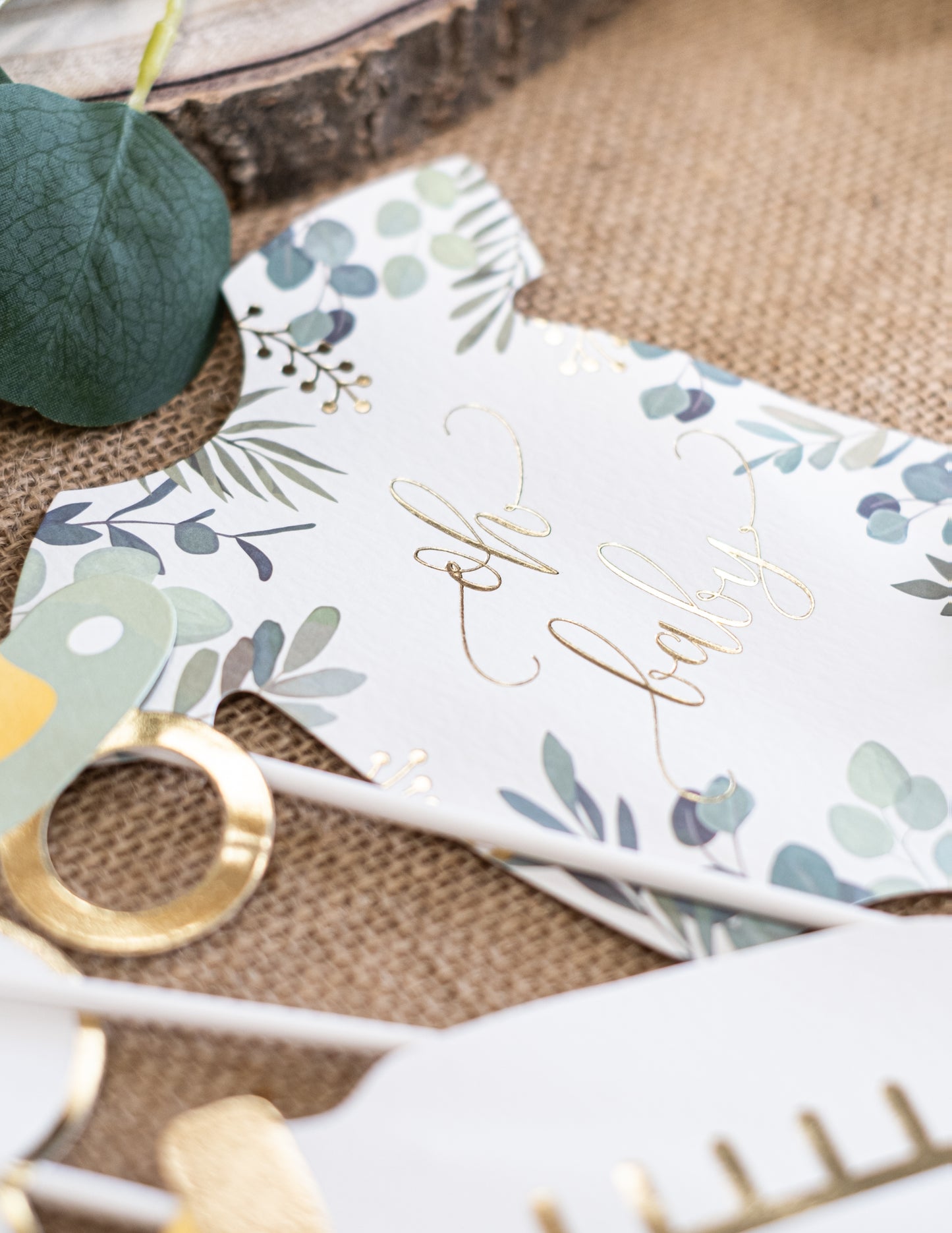 11 darabos fotófülke készlet "Oh Baby" eukaliptusz és arany kiegészítőkkel babaváró bulira