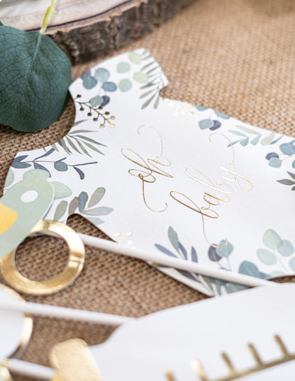 11 darabos fotófülke készlet "Oh Baby" eukaliptusz és arany kiegészítőkkel babaváró bulira