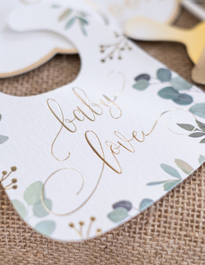 11 darabos fotófülke készlet "Oh Baby" eukaliptusz és arany kiegészítőkkel babaváró bulira