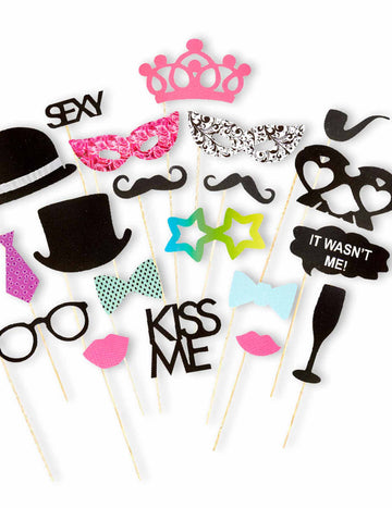 Kit photobooth 20 pièces pour fête multicolore avec lunettes moustaches et chapeaux