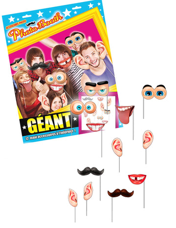 Kit photobooth géant 12 accessoires pour fête multicolore avec bouches yeux et oreilles