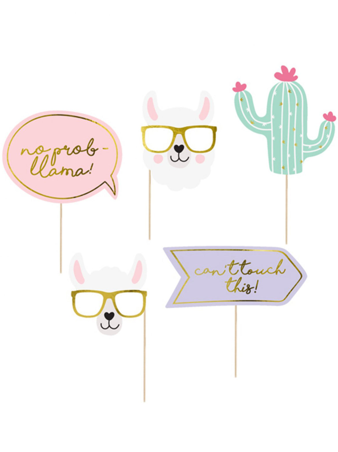 Kit photobooth lama pastel 5 pièces pour anniversaire multicolore avec détails dorés